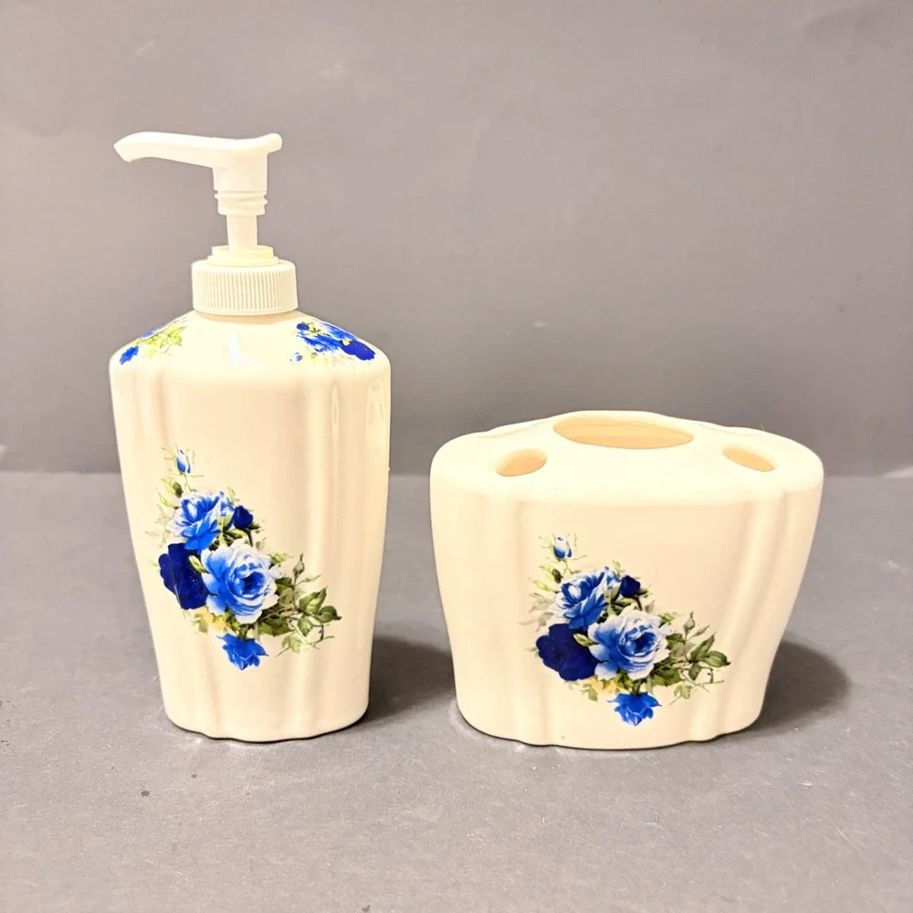 Crown Heritage Blue Rose Ceramic Soap Dispenser & Toothbrush Holder Set England